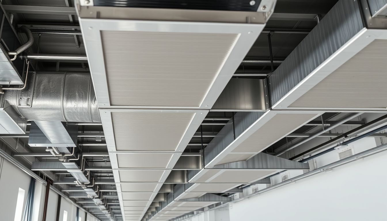 Rechteckige Lüftungskanäle an der Decke eines Technikgangs