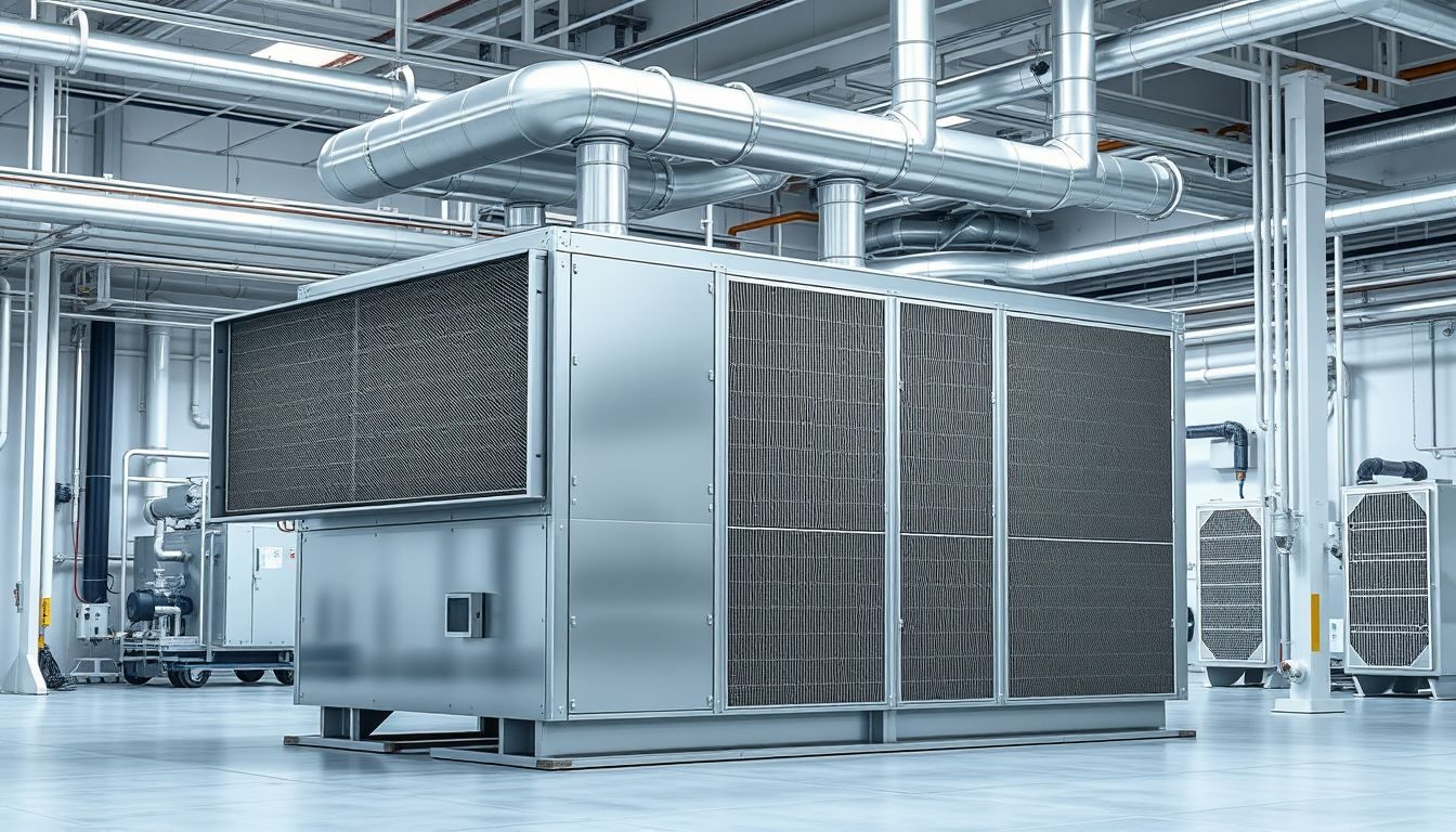 RLT-Anlage mit Filterstufen und angeschlossenen Kanälen in einer Technikzentrale